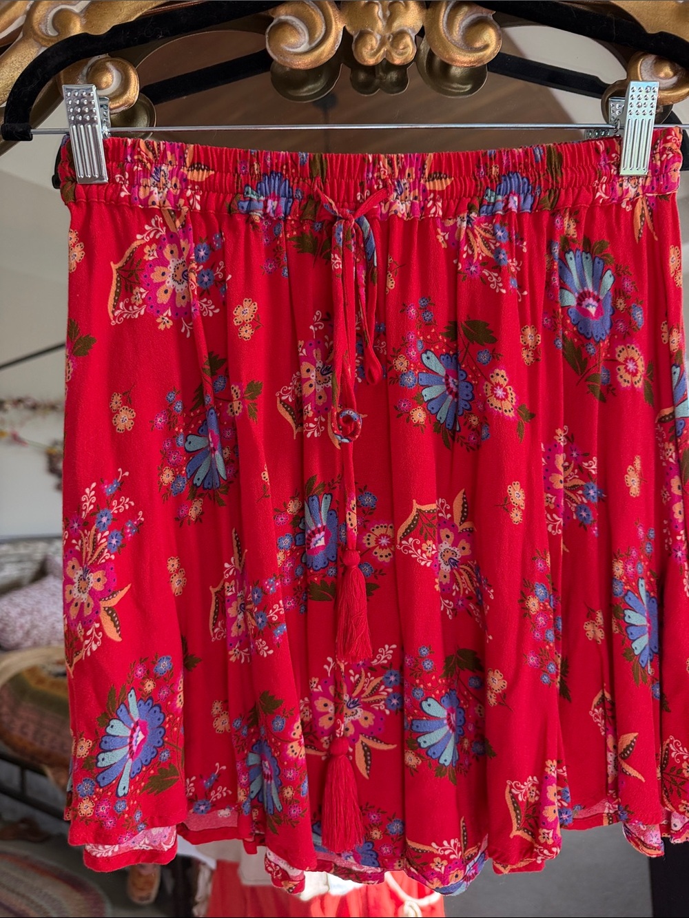 Spell Vibrant Red Floral Tassel Drawstring Mini Skirt